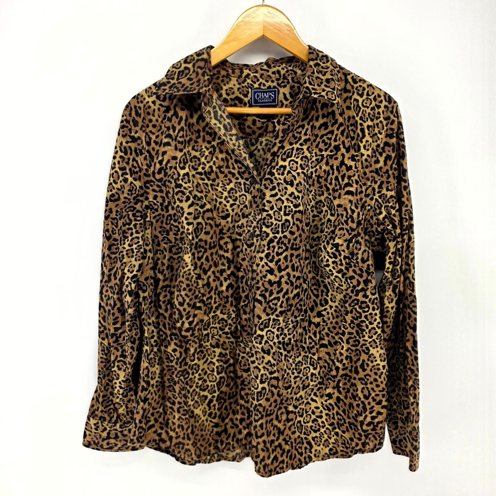 Chaps Classics Button Down Shirt Womens 1X Brown Leopard Print Animal Long Slv